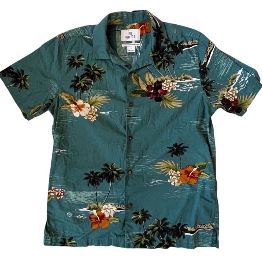 28 Palms Mens Tropical‎ Hawaiian Shirt Teal Blue Hibiscus Palm Tree Cotton Med